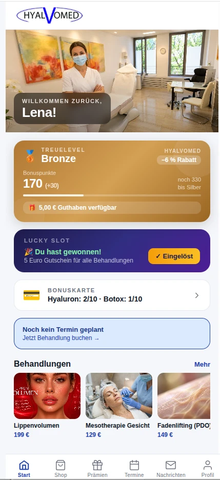 HYALVOMED app – bonuskaart, loyaliteitsniveau en afspraken